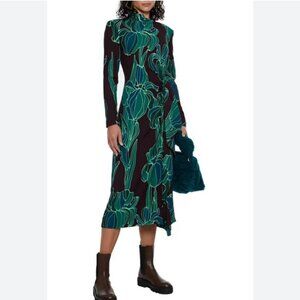 Dries Van Noten Black Green Floral Long Sleeve Midi Dress Size 38 US 6